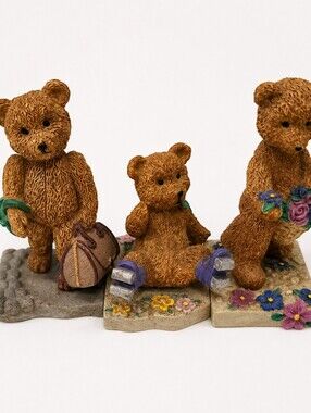 Avon Brown Bear Trio Figurines with Purple and Green Accents